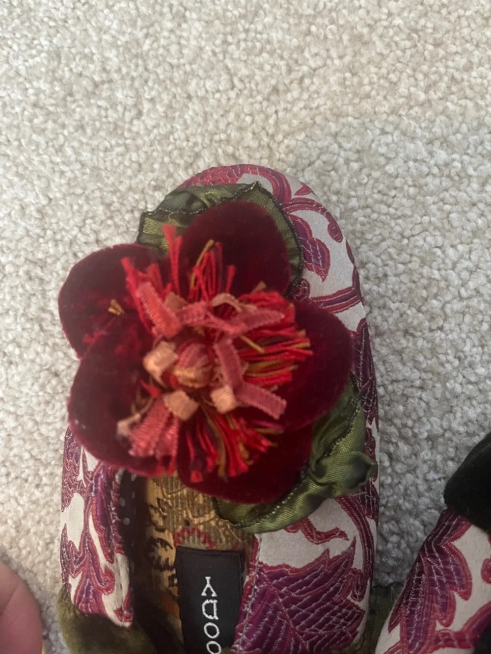 Goody Goody (Mackenzie Childs) Kids Silk Bon Bon Slippers Green and Burgundy CS